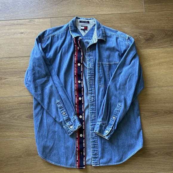 Tommy Jeans Hilfiger Long Sleeve Button Up Blue Denim Pocket Men’s M Classic - Picture 4 of 11